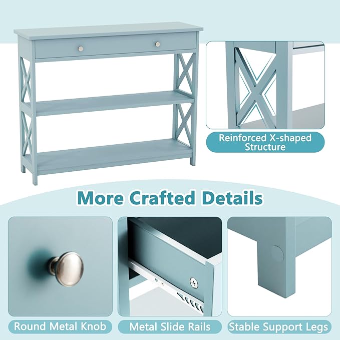 GOFLAME 39" Console Sofa Table with Drawers, 3-Tier Narrow Entry Table with Storage Shelves for Living Room Behind Couch, Entryway, Hallway (Green)