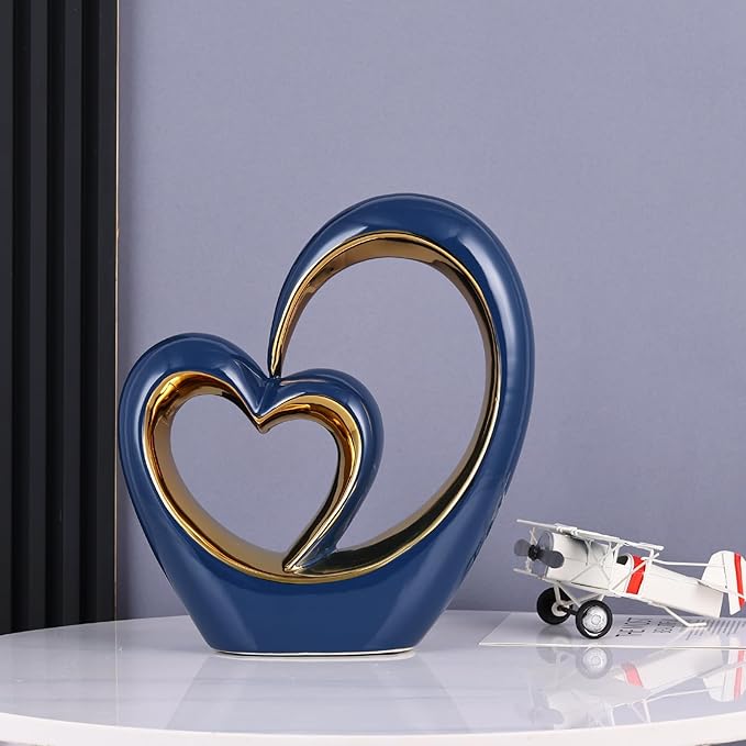 LCCCK Porcelain Double Heart Decor,Blue and Gold Sculpture Home Decor for Living Room Entryway Coffee Dining Table Shelves, Wedding Anniversary, Valentine's Gift for Couples & Lovers Modern