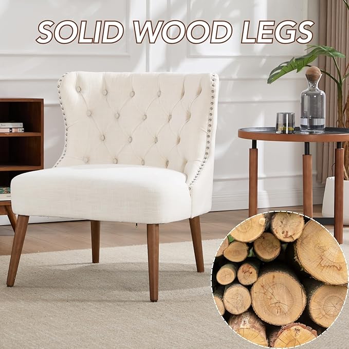 chairus Tufted Slipper Accent Chairs Set of 2, Linen Upholstered Armless Living Room Chairs with Nailhead Trim, Mid-Century Modern Wingback Side Chairs for Bedroom Office Reception, Beige