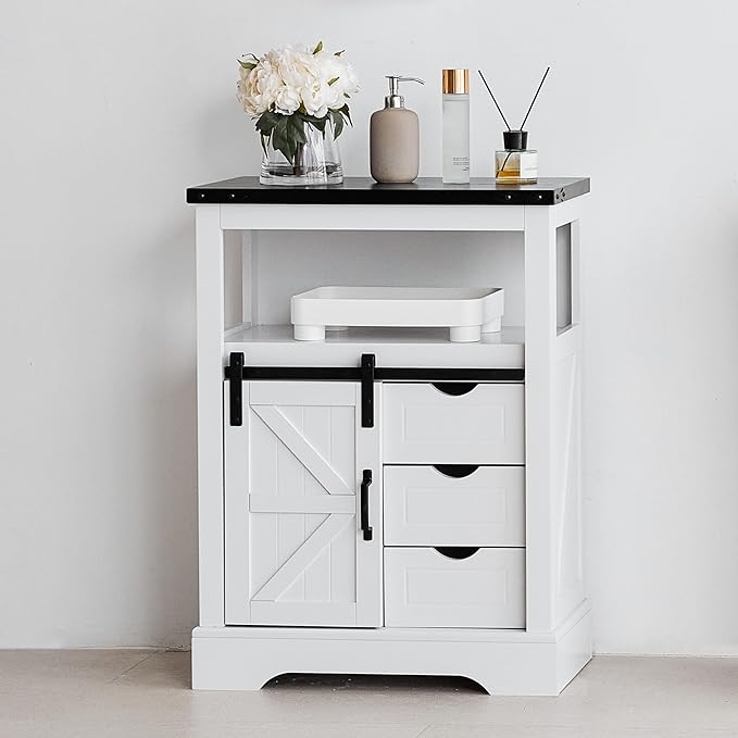 Real Relax Bathroom Floor Cabinet, Rustic Storage Cabinet with Sliding Barn Door & Convenient Storage Drawers, Ideal Solid Cabinet for Bathroom, Kitchen, Living Room, Bedroom