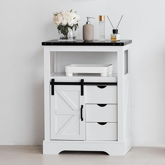 Real Relax Bathroom Floor Cabinet, Rustic Storage Cabinet with Sliding Barn Door & Convenient Storage Drawers, Ideal Solid Cabinet for Bathroom, Kitchen, Living Room, Bedroom