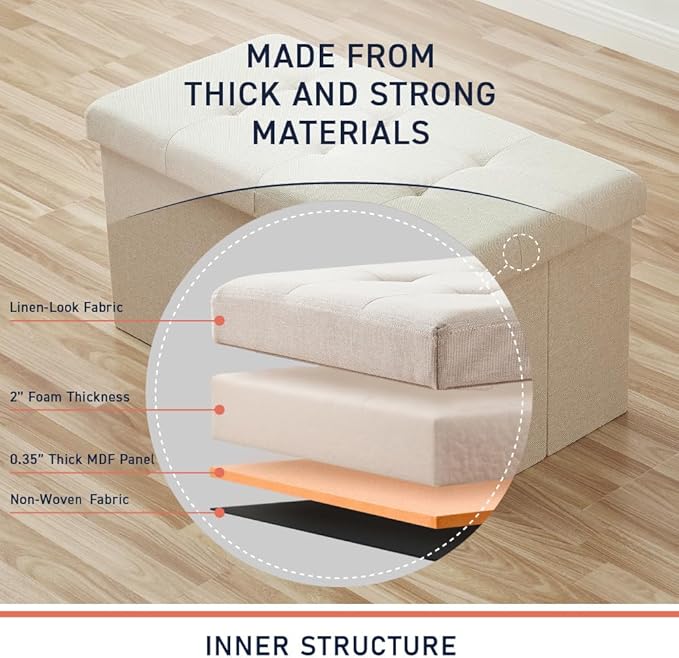 Ornavo Home 30 inch Folding Storage Ottoman with Large Storage, Foot Rest, Bedroom Bench - Beige