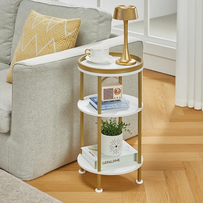 Small Round End Table with Charging Station, 3-Tier Accent Couch Beside Table with USB Ports & Power Outlets, Sofa Side Table for Living Room Small Nightstand Bedroom (USB Charger, White+Gold)