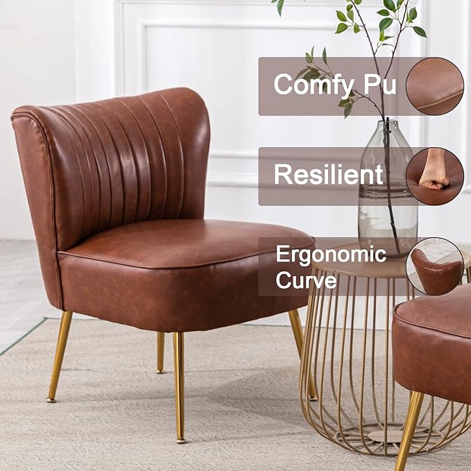 PU Leather Accent Chair Set of 2 - Comfy Armless Slipper Mid Century Side Chair With Golden Legs - Wingback Single Sofa for Living Room, Bedroom, Guest Room - Brown