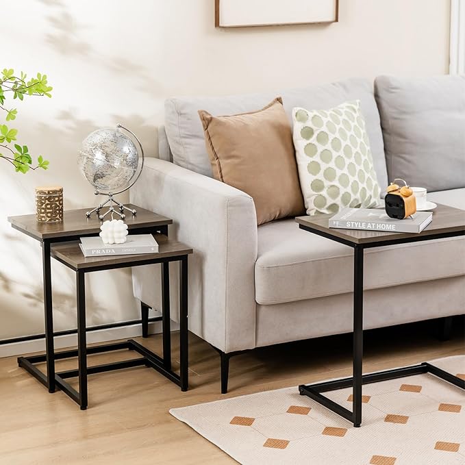 Tangkula Nesting Table Set of 3, Rectangle Stacking Side End Table w/Wood Top & Metal Legs, Adjustable Foot Pads, C-Shaped Accent Coffee Tables for Small Spaces, Living Room (C-Shaped, Gray, 3-pc)