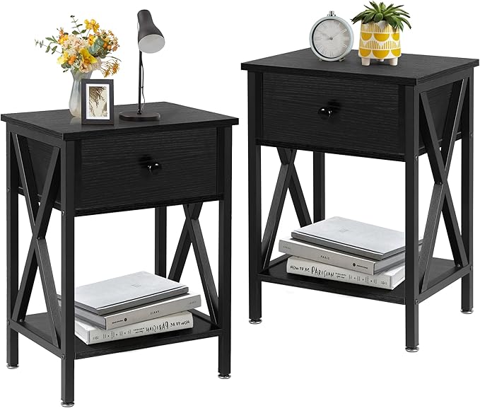 VECELO Nightstands Set of 2, Modern Bedside End Tables, Night Stands with Drawer and Storage Shelf for Living Room Bedroom, Industrial Metal Frame