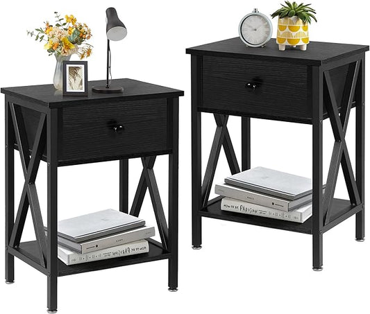 VECELO Nightstands Set of 2, Modern Bedside End Tables, Night Stands with Drawer and Storage Shelf for Living Room Bedroom, Industrial Metal Frame