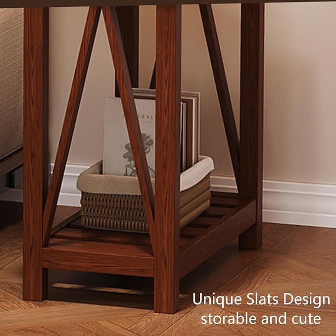 ChooChoo Farmhouse End Table Set of 2, Rustic Vintage Narrow End Side Table with Storage Shelf for Small Spaces, Nightstand Sofa Table for Living Room, Bedroom Walnut