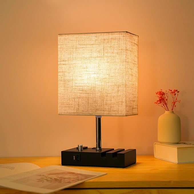 Nightstand Lamp for Bedroom with USB A + C Ports, Small Bedside Table Lamp with Charging Outlets and Phone Stands, 3 Color Temperatures Night Stand Light with Bulb for Living Room