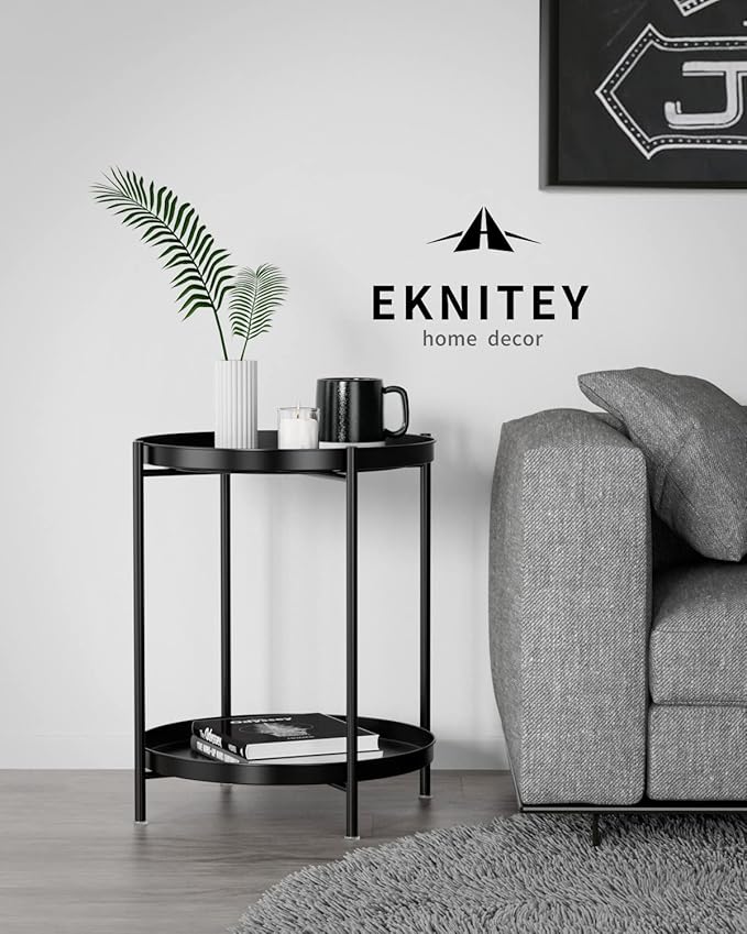 EKNITEY 2 Tier End Table - Metal Side Table Waterproof Small Sofa Coffee Side Tables Bedroom Indoor Outdoor with Removable Tray for Living Room Bedroom Balcony and Office (Black)