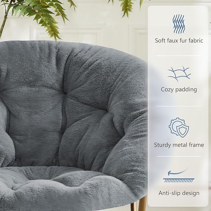 DUMOS Comfy Saucer Chairs Cozy Faux Fur Soft Lounge Cute Folding Bedroom Living Room Seat Flexible Reading Foldable Seating for Kids Adults Thick Padded Metal Frame Modern for Home Office Grey