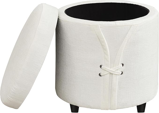 16.5 inch Tufted Small Round Storage Ottoman, Modern Upholstered Ottoman with Soft Padded Seat, Chic Round Vanity Foot Stool with Removable Lid,White