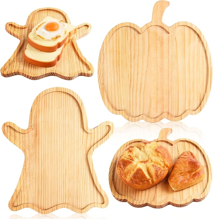 FOBSME 2 Pcs Halloween Wooden Serving Platters Pumpkin and Ghost Shape Charcuterie Boards Fall Wood Serving Trays Decorative Wood Snack Dish Plates for Halloween Autumn Holiday Housewarming Presents