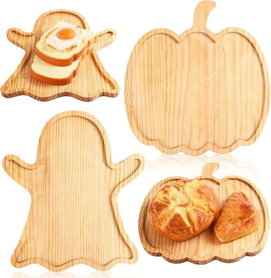 FOBSME 2 Pcs Halloween Wooden Serving Platters Pumpkin and Ghost Shape Charcuterie Boards Fall Wood Serving Trays Decorative Wood Snack Dish Plates for Halloween Autumn Holiday Housewarming Presents