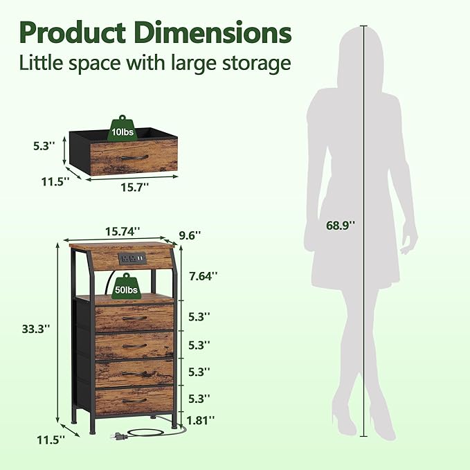 Furnulem Night Stand with Charging Station, Small Dresser with 4 Fabric Drawers, 33.3 Inch Tall Bedside Table, Storage Tower for Closet, Entryway, Bedroom Furniture, 3 Ways to Use, Rustic Brown
