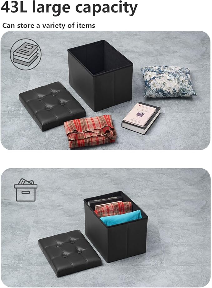 Storage Ottoman, Folding Foot Stool with Thicker Foam Padded Seat Small Leather Storage Ottoman Bench Foot Rest for Living Room Foldable Coffee Table 17x13x13in,Black