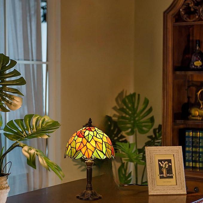 Tiffany Lamp Maple Leafs Stained Glass Bedside Nightstand Table Lamp,3-Way Color Temperature,Handcrafted Small Lamps for Living Room,Bedroom+LED Bulb,Home Decor Gifts,9X9X15Inch