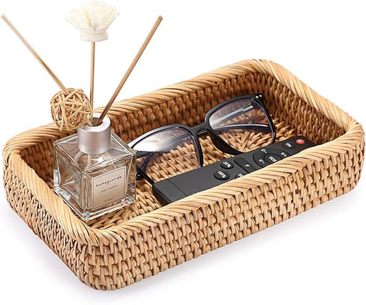 BTSKY Small Remote Basket for Coffee Table Entryway Living Room Rattan Serving Tray 10.1x6.1 inches Handwoven Wicker Baskets Decorative Tray for Remote Control Trinkets Rings Cosmetics Crackers Candy