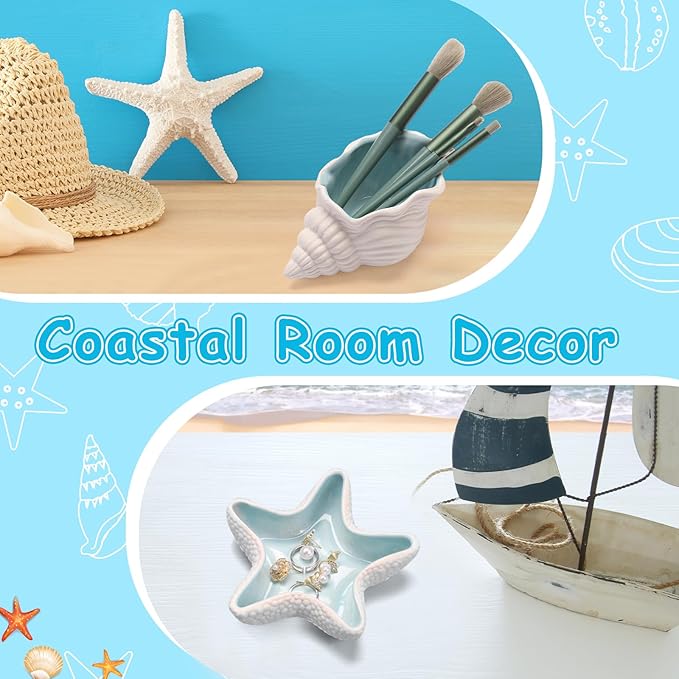 Jewelry Dish Tray For Coastal Beach Room Decor,Cute Ceramic Ring Holder Gift For Women Sister Mom Friend ,Decorative Trinket Jewelry Organizer Tray For Rings Earrings Necklaces ets (Blue starfish)