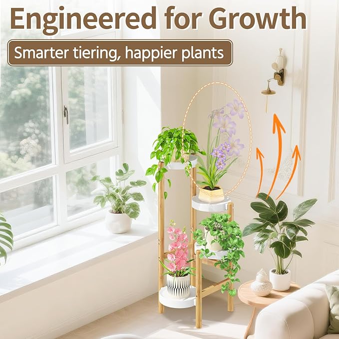 LASZOLA Bamboo White 4 Tier Heavy Duty Plant Stand Indoor, Tall Multiple Level Vertical Planter Rack for Modern Narrow Corner, Slim Spiral Flower Holder Organizer Display for House Decor, Plastic Tray