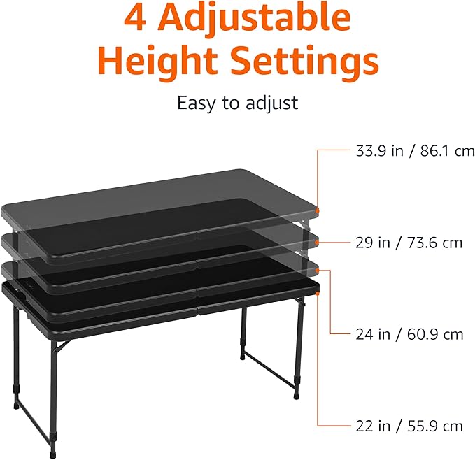 Amazon Basics 4 Foot Rectangular Folding Dining Table, 4 Adjustable Height Settings with Carrying Handle, Indoor & Outdoor, Washed Black, 47.8 x 23.9 x 33.9 in