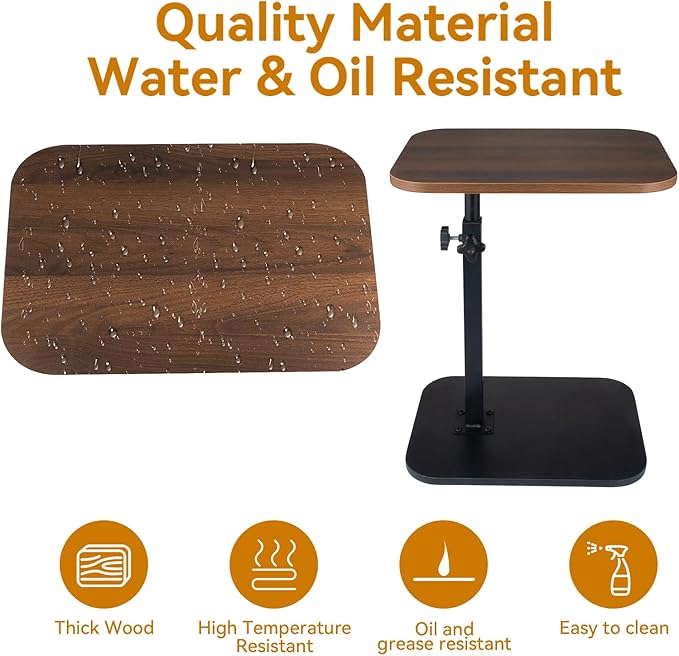 C Shaped End Table for Couch Sofa, 360° Swivel Height Adjustable TV Tray for Small Spaces,Livingroom Bedroom College Dorm Hospital(Walnut)