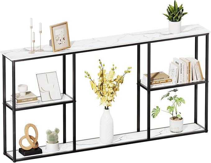 WOHOMO Console Table,Small Modern Entryway Table for Entry,3-Tier Long Sofa Table Behind Couch for Living Room,Entrance,White Marble(63 inch)