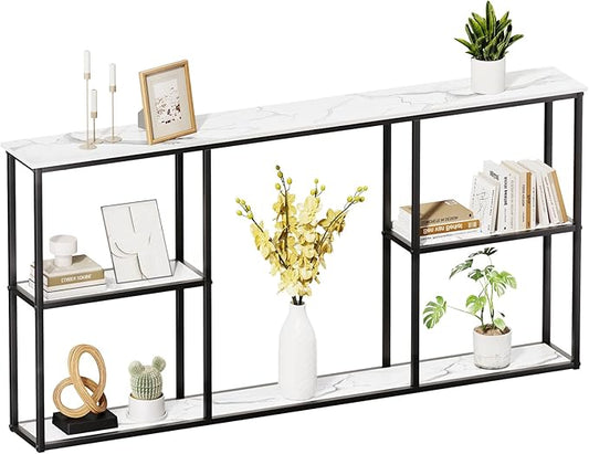 WOHOMO Console Table,Small Modern Entryway Table for Entry,3-Tier Long Sofa Table Behind Couch for Living Room,Entrance,White Marble(63 inch)