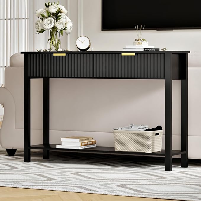 Black Entryway Console Table with 2 Fluted Drawers and Gold Handles, 47.2" Modern Sofa Table with Storage Shelf for Living Room and Hallway