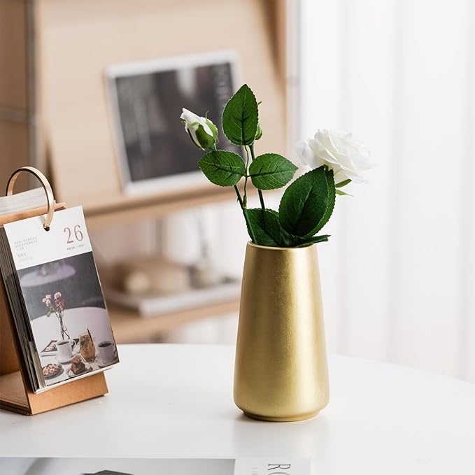 Light Gold Vase - 6" Gold Ceramic Flower vase for Home/Table/Accent Decor, Minimalist Modern Vases Ceramic for Centerpieces, Room Decor, Living Room, Bedroom or Gift