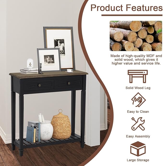 Console Table for Entryway with 2 Drawers, 30 Inch Long Entryway Table w/Open Storage Shelves and Handmade Metal Handle, Narrow Foyer Sofa Table for Living Room, Hallway, Black
