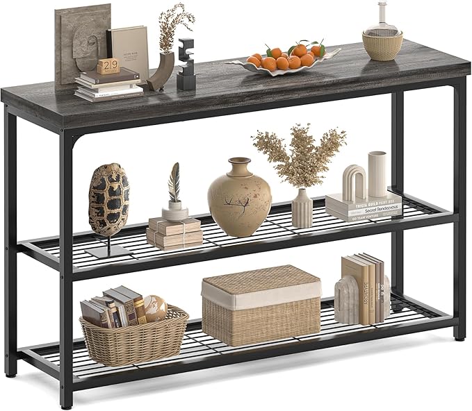 47" Console Table, 3-Tier Entryway Table, Sofa Table with Mesh Shelves, Console Tables for Living Room, Bedroom, Hallway, Entryway, Foyer, Grey