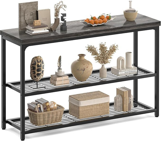 47" Console Table, 3-Tier Entryway Table, Sofa Table with Mesh Shelves, Console Tables for Living Room, Bedroom, Hallway, Entryway, Foyer, Grey
