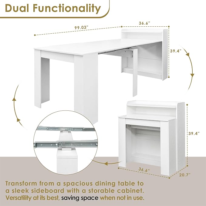 DMAITH 20"-99" White Extendable Dining Table with Storage for 2-10 People, Modern Modular Extension Table, Space-Saving Extra Long Folding Dining Table, Multifunctional Conference Meeting Table