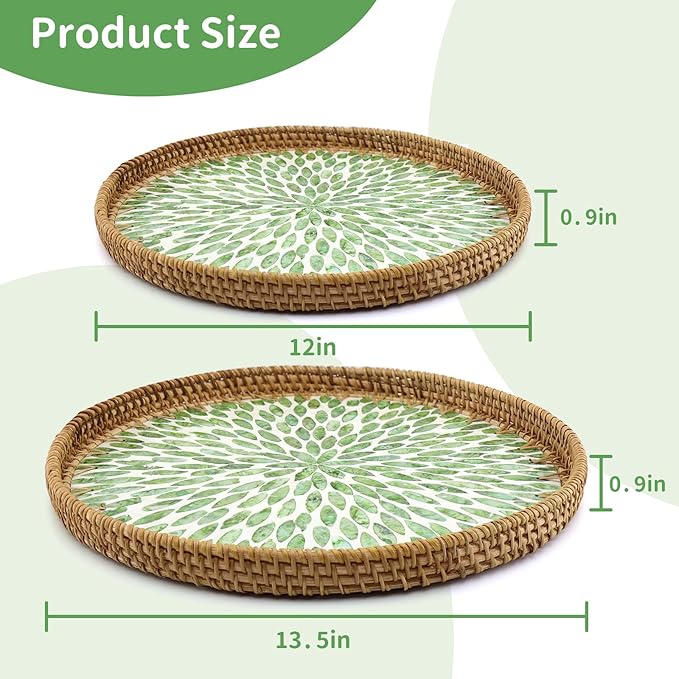 Shellac Rattan Tray with Mother of Pearl Inlay, Round Decorative Serving Tray for Home Décor Coffee Table Storage and Display, 100% Natural Materials（2 Set）
