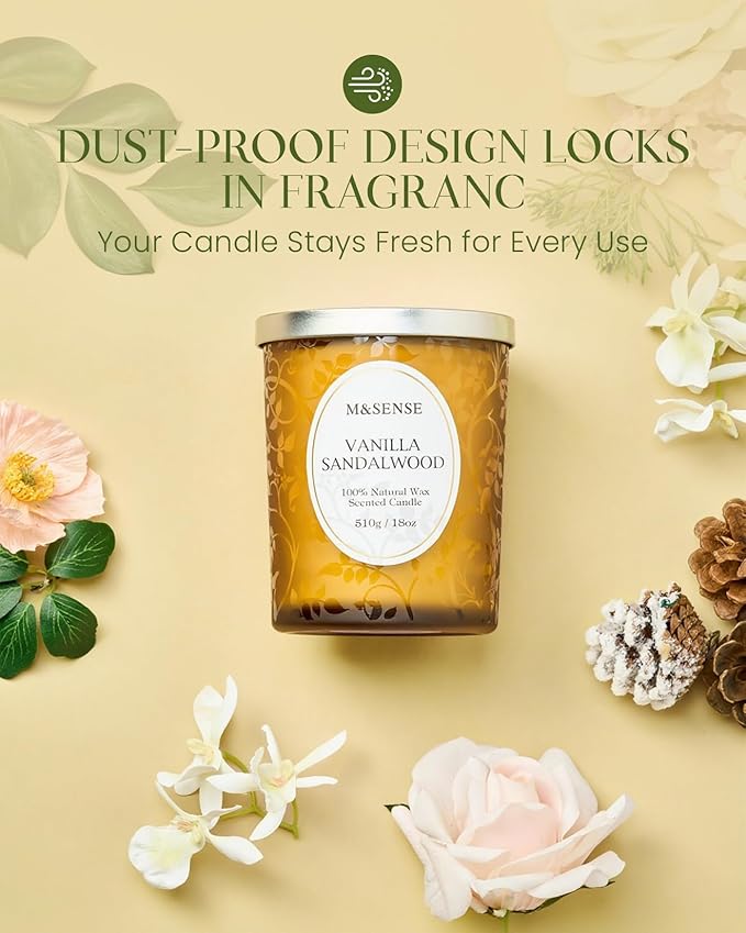 M&SENSE Vanilla Sandalwood Candle, Cracking Wooden Wick Soy Wax, 18oz 100 Hours Long Lasting Clean Burn, Large Jar Candles for Home Scented, Non-Toxic Relaxing Aromatherapy Gifts for Women