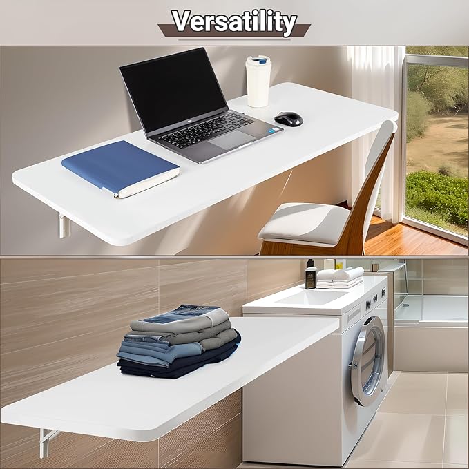 Wall Mounted Folding Table 47.2”L x 19.7”W, Laundry Folding Table with Heavy Duty Metal Collapsible Shelf Brackets, Wall Mounted Desk Fold Down for Small Spaces, White