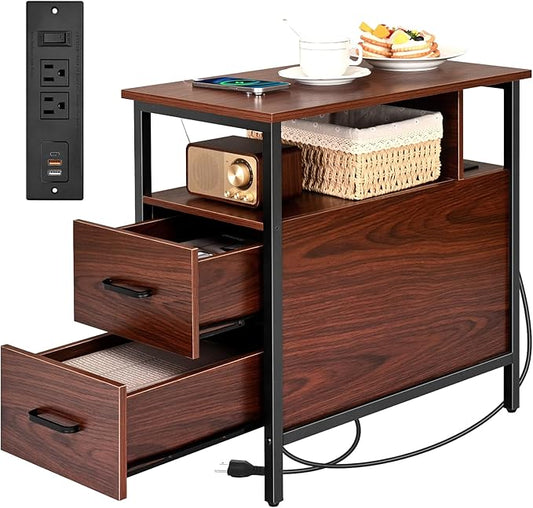 Livofloral Narrow Side Tables with Charging Station, Narrow End Table with Wooden Drawers, USB Ports and Power Outlets, Nightstand and Bedside Table for Bedroom, End Tables Living Room, Espresso