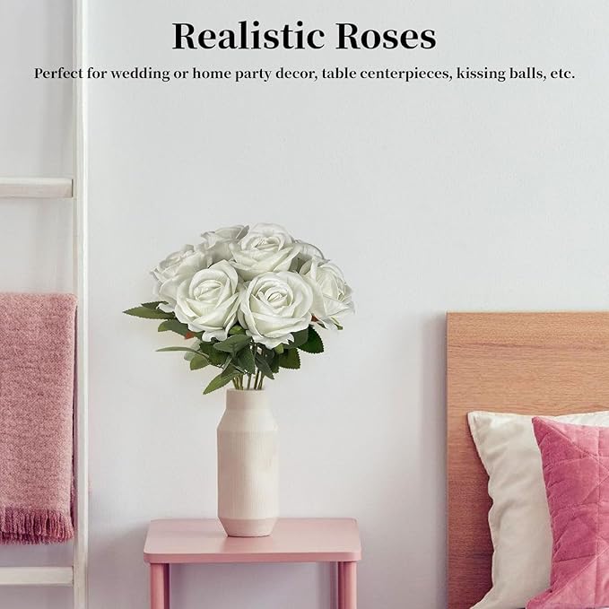 10 PCS Artificial Roses with Long Stems Silk Flowers Realistic Foam Flowers Fake Roses for Valentine's Day Home Wedding Halloween Decor(White)