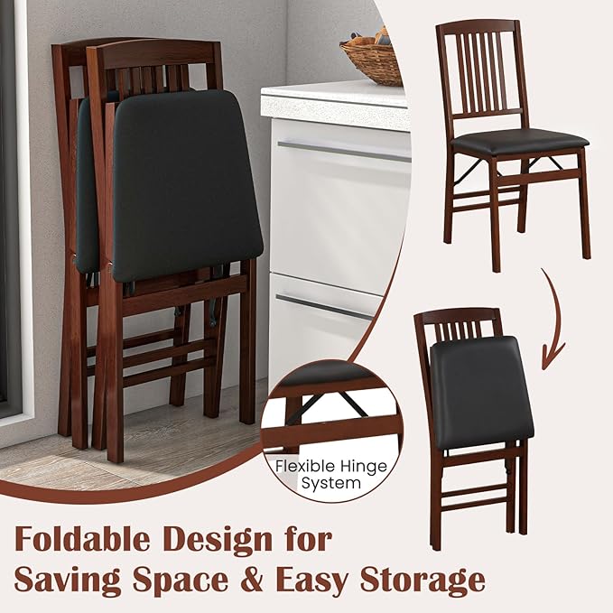 Giantex Folding Dining Chairs Set of 2, Solid Wood Frame, Foldable Wood Kitchen Chairs with Padded Seat, Max Load 400 Lbs, No Assembly, Armless Side Chairs for Apartment Dining Room, Brown & Black