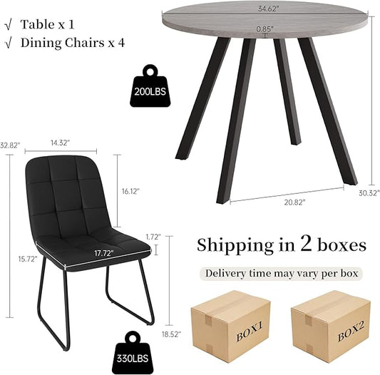 34.6'' Dining Table and Chairs for 4, Mid Century Modern Round Table Set, Space Saving for Apartment Kitchen Dining Room (Grey Table+4 U-Shaped Black Chairs)