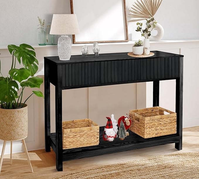 ZYBT Long Console Table with Storage, Fluted Entryway Table Slim Sofa Table Behind Couch, Foyer Entrance Table Black