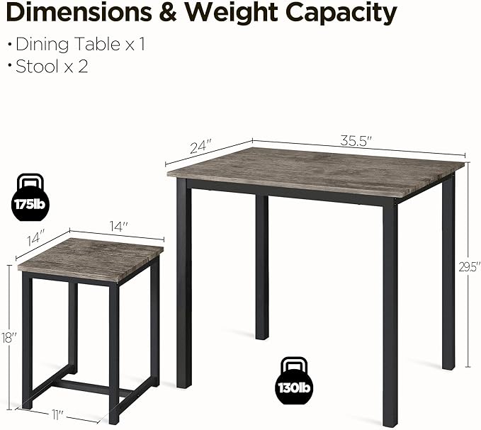 Yaheetech 3 Piece Dining Table Set - Kitchen Table & Chair Sets for 2 - Compact Table w/ 2 Stools & Space Saving Design for Dining Room Living Room Apartment Pub, Drift Brown