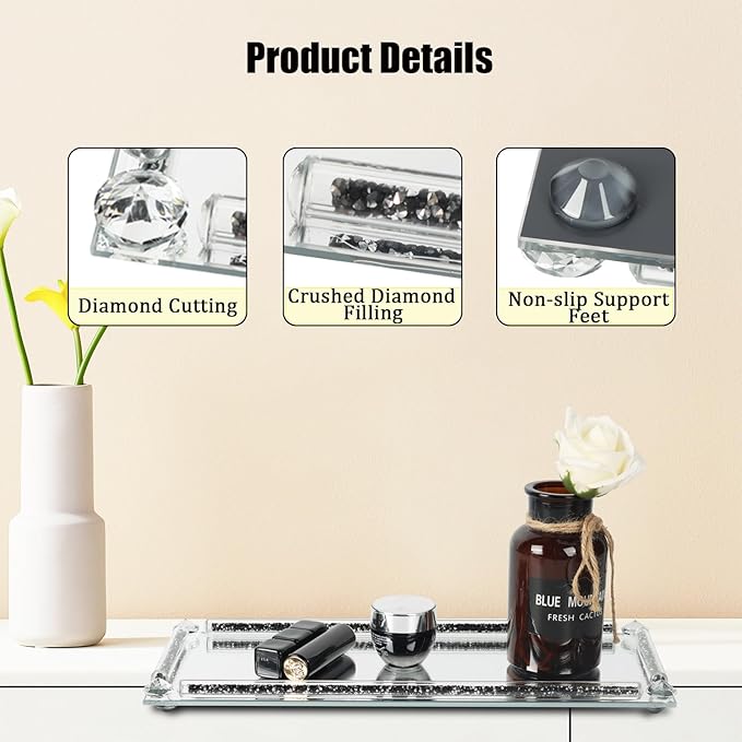 Glass Vanity Tray with Crushed Diamond,Perfume Tray,Mirror Vanity Trays for Bedroom Dresser,Crystal Cosmetic Makeup Tray,Decorative Tray for Home Decor Gift(Black Crushed Diamond)