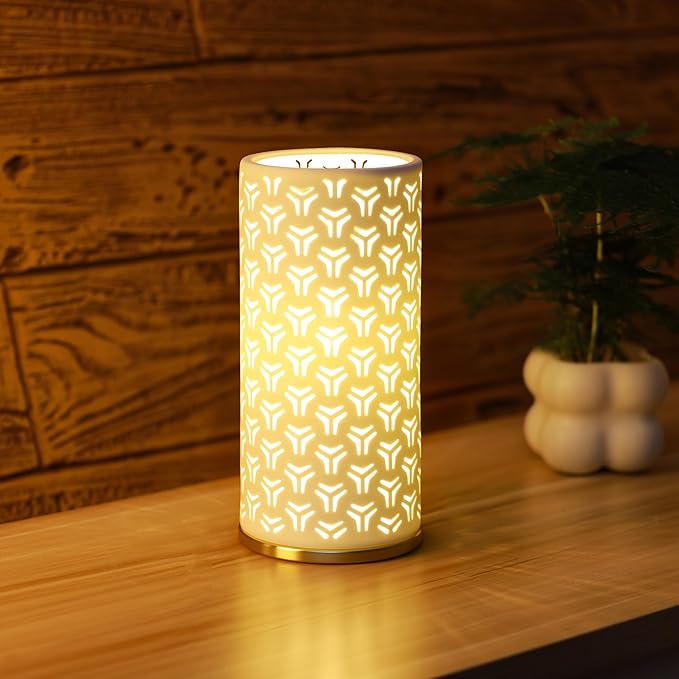 Small Modern Ceramics Bedside Table Lamp, 4.5 x 4.5 x 9.75 Inch White Triangle Style Nightstand Lamps, Side Table Lamps for Bedroom Living Room Entryway Table Light