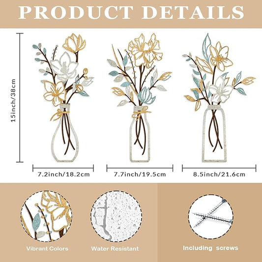 ARTINME 3 Pieces Metal Flowers Wall Arts - Rustic Farmhouse Decor Minimalist Flower Wall Decors for Living room Bathroom Kitchen Bedroom Dining Room - Housewarming Gifts (Beige)