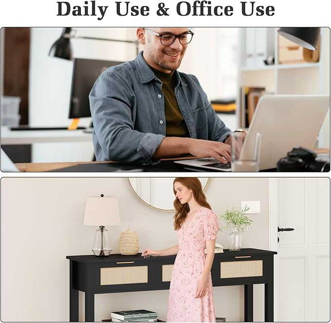 Luoxiao Entryway Console Table with 3 Rattan Drawers - Long Sofa Table Behind Couch Modern Fluted Hallway Living Room Storage Cabinet, Entry Table Open Shelf Foyer Furniture, Anti-Tip, Black, 47 Inch