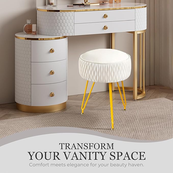 Velvet Vanity Stool Footrests, Round Ottoman Vanity Chairs with Anti-Slip Feet, Dressing Table Seat Foot Stool with Black Legs, Furry Padded Seat Side Table for Makeup Bedroom(White, Golden)