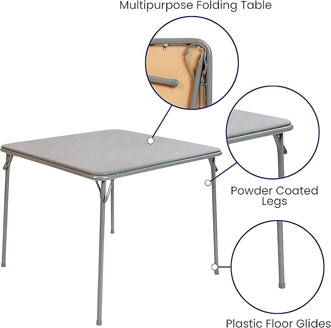 BizChair Gray Folding Card Table - Lightweight Portable Folding Table with Collapsible Legs