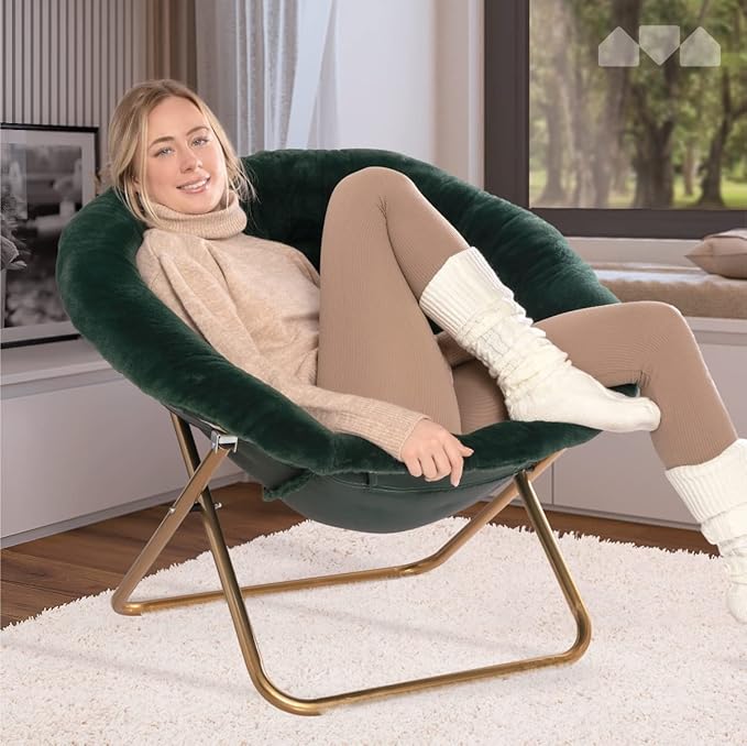 Milliard Saucer Chair For Adults, Teens & Kids, Green, Faux Fur XL Circle Chair for Bedroom, Dorm & Gaming, Foldable Comfy Accent Seat for Small Spaces, Folding Moon / Mushroom / Round Oversized Style